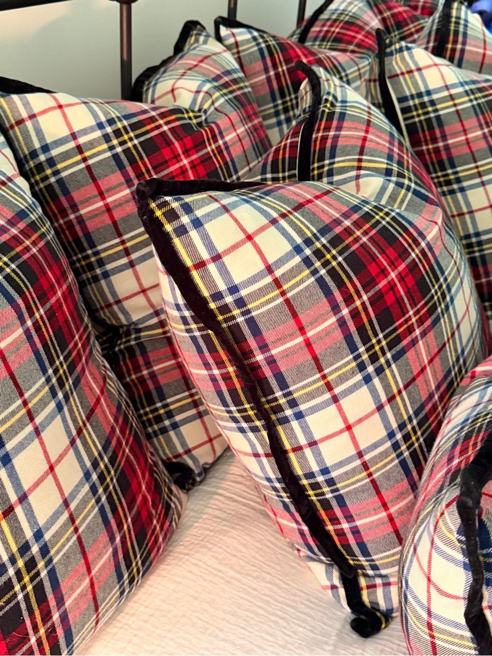 Ralph Lauren Red and Cream Plaid Decorative Pillow Set with Black Piping